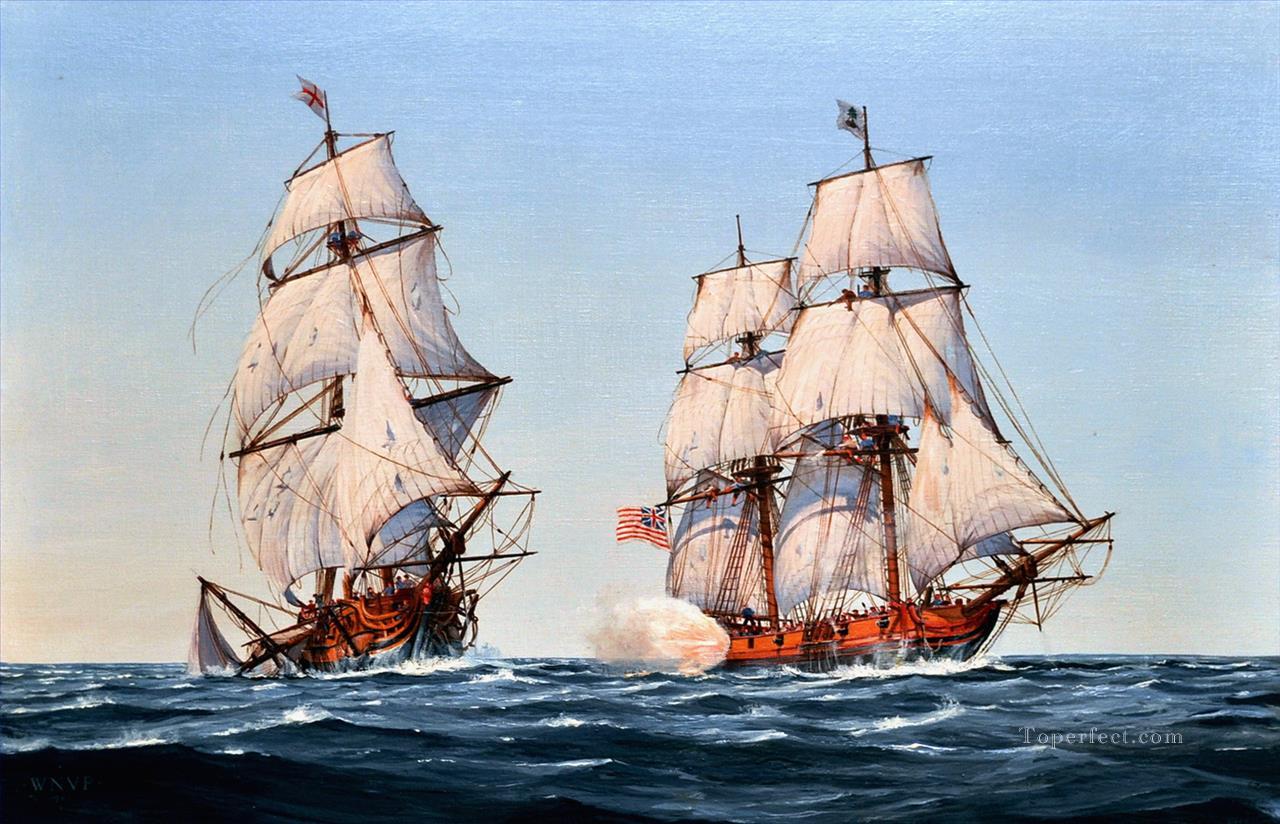 El crucero de la Marina de Virginia de la Marina de los EE. UU., Capitán Barron, tomando el bergantín de la marina británica HMS Oxford Naval Battle Pintura al óleo